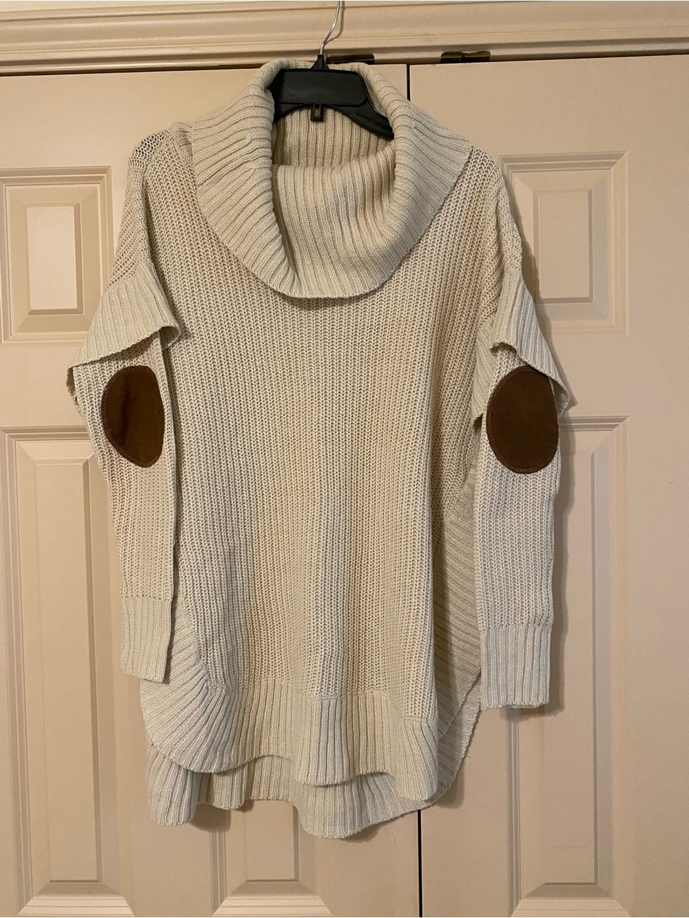 Alya Cream Cold-Shoulder Turtleneck Sweater with Brown Elbow Patches
